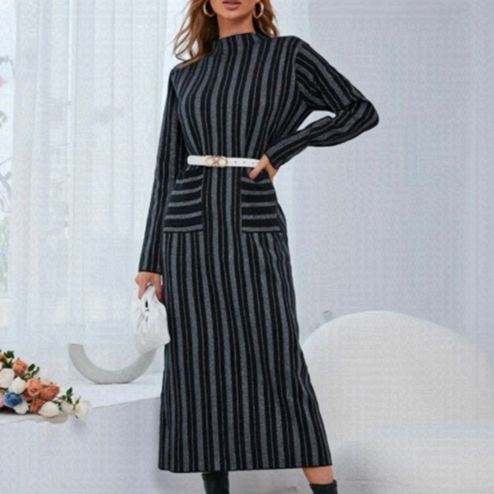 Stripe Pattern Dual Pocket Sweater Dress Without Belt Size M